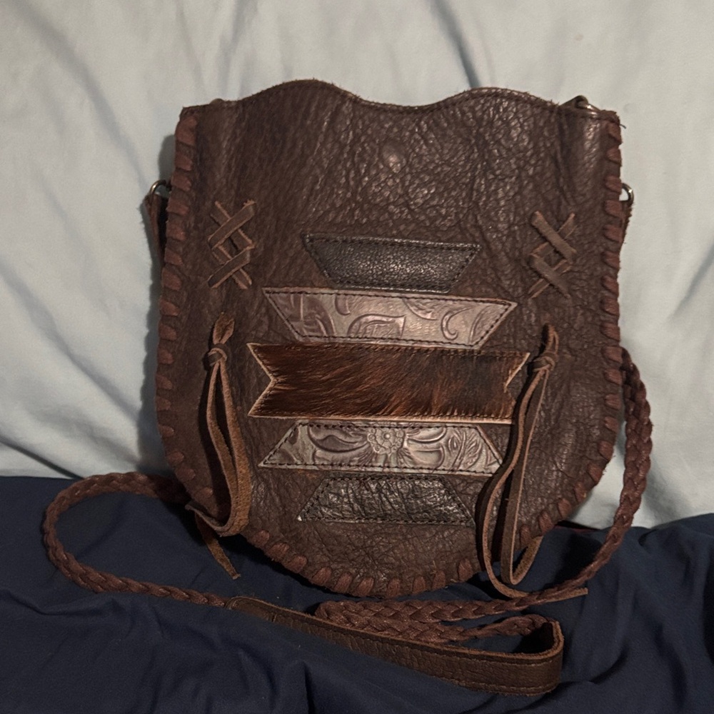 Brown Leather Patchwork Crossbody Bag
